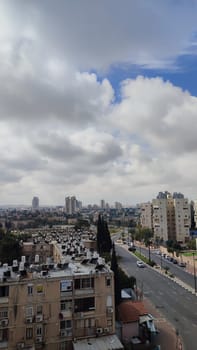 City top view, landscape blue gray light sky nature white clouds whether background . High quality photo