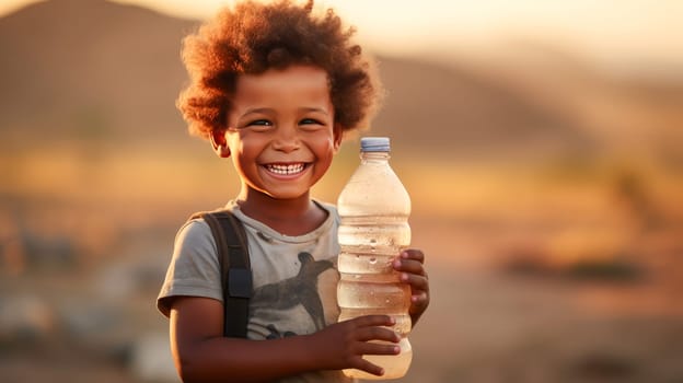 Poor, beggar, hungry smiling black child in Africa, thirsty to drink water from plastic bottle. Water shortage on Earth due to global warming, drought, famine. Climate change, crisis environment, water crisis. Saving natural resources, planet suffers