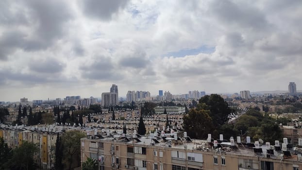 City top view, landscape blue gray light sky nature white clouds whether background . High quality photo