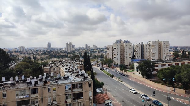 City top view, landscape blue gray light sky nature white clouds whether background . High quality photo