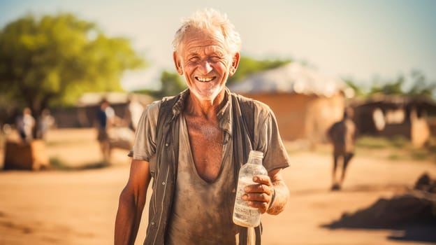 Poor, beggar, hungry smiling old man in Africa, thirsty to drink water from a plastic bottle. Water shortage on Earth due to global warming, drought, famine. Climate change, crisis environment, water crisis. Saving natural resources, planet suffers
