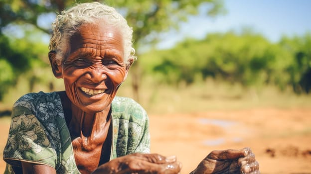 Poor, beggar, hungry smiling old woman in Africa, thirsty to drink water from a plastic bottle. Water shortage on Earth due to global warming, drought, famine. Climate change, crisis environment, water crisis. Saving natural resources, planet suffers