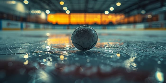 A solitary hockey puck rests on the ground of an empty building, its shiny surface reflecting the dim light filtering through the windows.