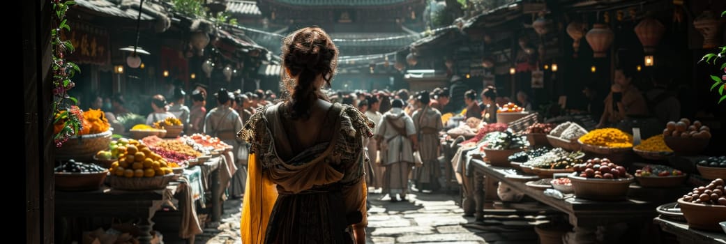 A woman elegantly stands in front of a vibrant market overflowing with fresh fruits and vegetables, showcasing the beauty of natures bounty.