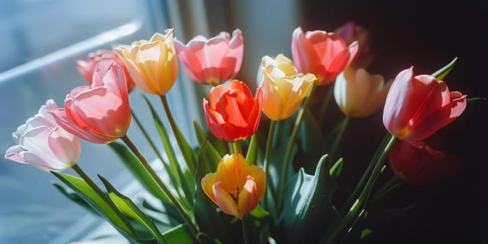 A colorful array of flowers fills a vase, creating a vibrant centerpiece on a table.