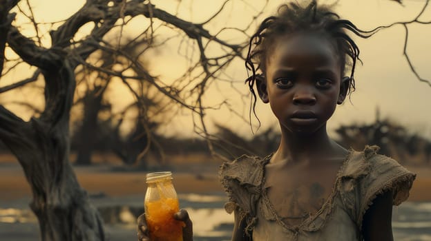 A poor, beggarly, hungry child in Africa, thirsty to drink water against the backdrop of dried trees where there is no life. Water shortage on Earth due to global warming, drought, famine. Climate change, crisis environment, water crisis.