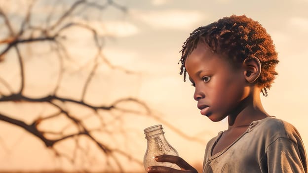 A poor, beggarly, hungry child in Africa, thirsty to drink water against the backdrop of dried trees where there is no life. Water shortage on Earth due to global warming, drought, famine. Climate change, crisis environment, water crisis.