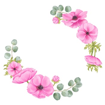 A vibrant circular frame composed of pink anemones, lush greenery, and delicate eucalyptus branches. for invitations, greeting cards, posters, and social media graphics, touch of elegance and charm.