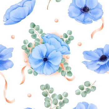 A seamless pattern watercolor floral. blue anemones, satin ribbons, sparkling rhinestones eucalyptus leaves. for fabric prints, digital wallpapers, stationery designs, and decorative artworks.
