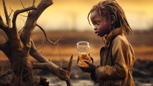 A poor, beggarly, hungry child in Africa, thirsty to drink water against the backdrop of dried trees where there is no life. Water shortage on Earth due to global warming, drought, famine. Climate change, crisis environment, water crisis.