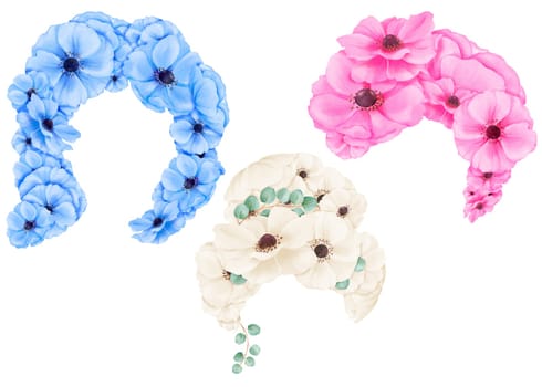 Watercolor set of hairstyles adorned with anemone flowers in various colors. Ideal for fashion illustrations, beauty magazines, wedding invitations, and floral-themed merchandise.