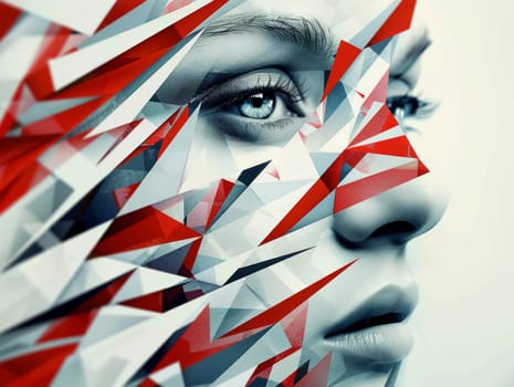 A womans face is adorned with striking red and white triangles, creating a captivating and artistic geometric design.
