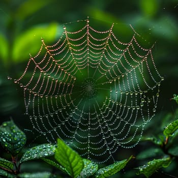 A close-up view of a delicate spider web intricately woven on a vibrant green leaf, showcasing the beauty and complexity of natures design.