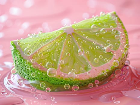 A vibrant slice of lime resting elegantly on a soft pink surface, exuding freshness and simplicity.