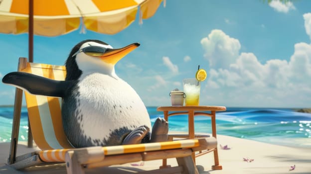 A cartoon penguin is sitting in a beach chair under an umbrella.