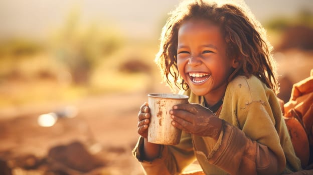 Poor, beggar, hungry black child boy in Africa, thirsty to drink water. Water shortage on Earth due to global warming, drought, famine. Climate change, crisis environment, water crisis. Saving natural resources, planet suffers