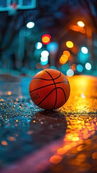 A basketball is sitting on the ground in front of a basketball hoop.