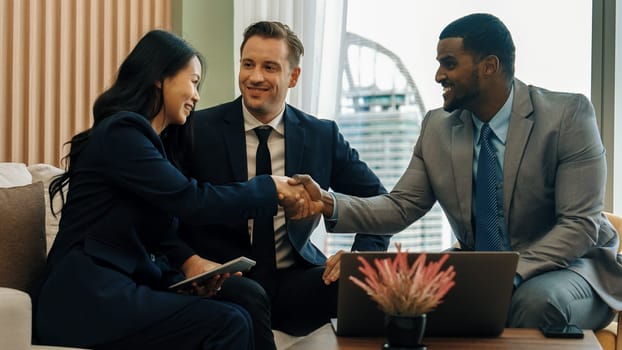 Ornamented office overlooking city skyline, diversity corporate professional discuss ambitious business expansion or strategic marketing. Financial advisor give consulting business insights and idea