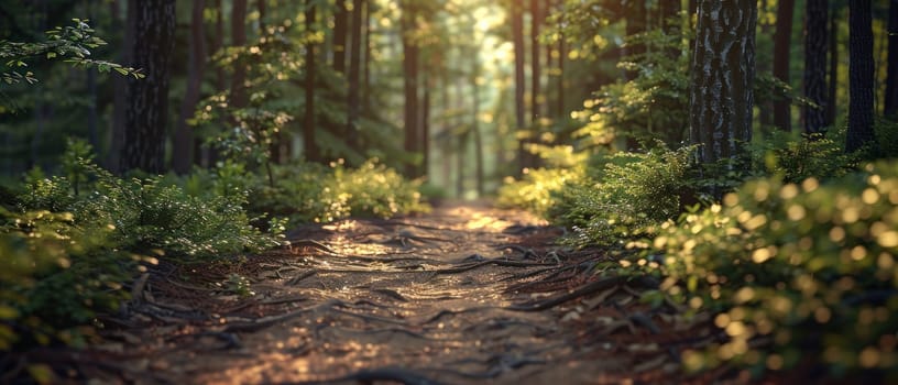 A forest path with a stone walkway.