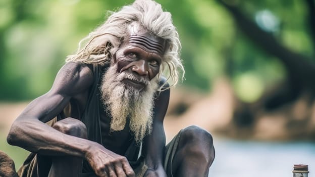 Poor, beggar, hungry dark-skinned old, thin elderly man in Africa washes dishes in a dirty river, unsanitary conditions. Water shortage on Earth due to global warming, drought, famine. Climate change, crisis environment, water crisis. Saving natural