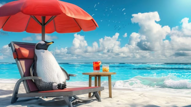 A cartoon penguin is sitting in a beach chair under an umbrella.