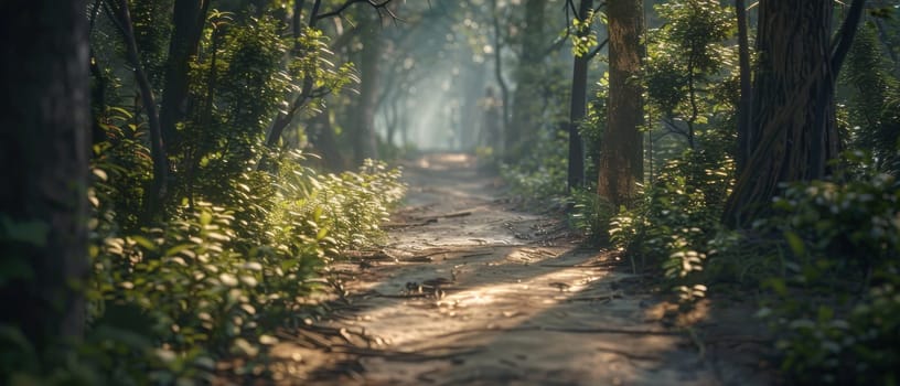 A forest path with a stone walkway.