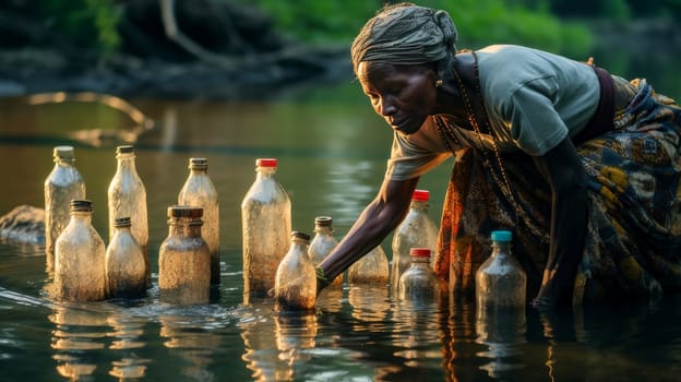 Poor, beggar, hungry dark-skinned old, thin elderly woman in Africa washes dishes in dirty river, unsanitary conditions. Water shortage on Earth due to global warming, drought, famine. Climate change, crisis environment, water crisis. Saving natural
