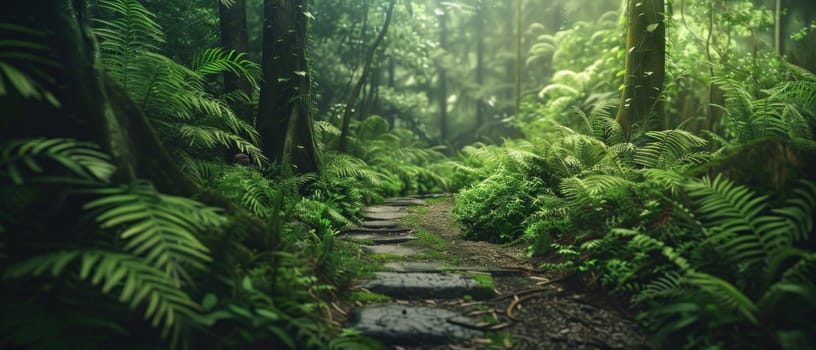 A forest path with a stone walkway. The path is surrounded by lush green trees and plants. Scene is peaceful and serene, as if one is walking through a hidden, untouched part of nature