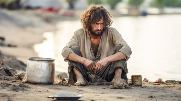 A poor, beggar, hungry, dirty man in old clothes and rags, begs for alms. Water shortage on Earth due to global warming, drought, famine. Climate change, crisis environment, water crisis. Saving natural resources, planet suffers