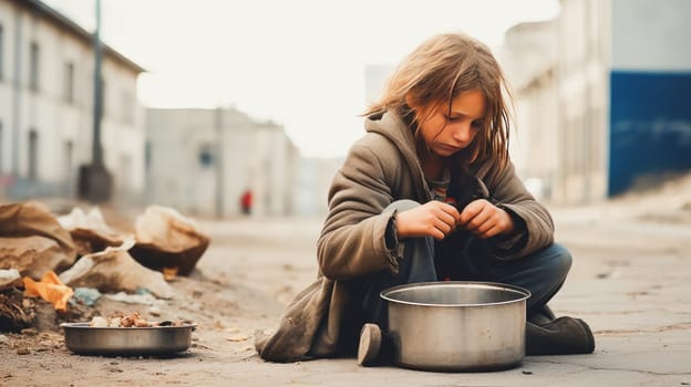 Poor, beggar, hungry, dirty Caucasian child girl, begging for alms. Water shortage on Earth due to global warming, drought, famine. Climate change, crisis environment, water crisis. Saving natural resources, planet suffers