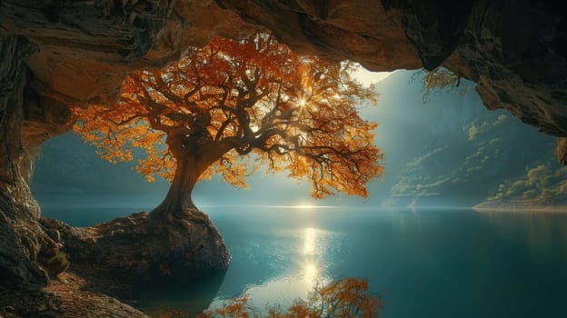 A tree is in a cave with a body of water in the background. The tree is surrounded by rocks and the water is calm. The scene is peaceful and serene