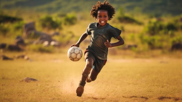 A poor, beggar, talented happy black African boy plays football with a soccer ball his village. Water shortage on Earth due to global warming, drought, famine. Climate change, crisis environment, water crisis. Saving natural resources, planet suffers