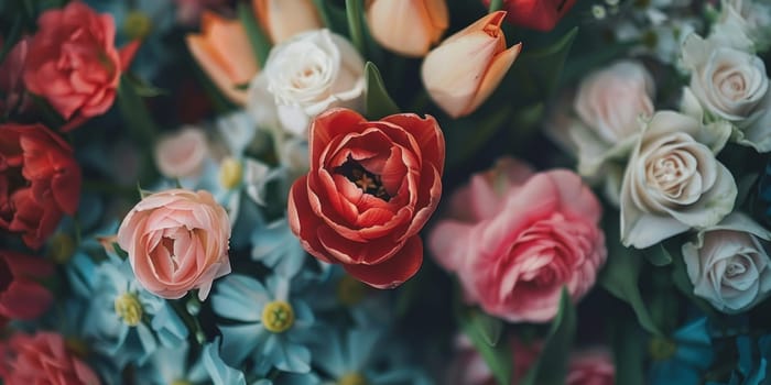 A vibrant assortment of flowers bursting with color, gracefully arranged in a lovely vase on a table setting.