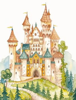 whimsical watercolor painting of a fairytale castle with intricate towers set amidst a verdant forest landscape, evoking a sense of magic and fantasy