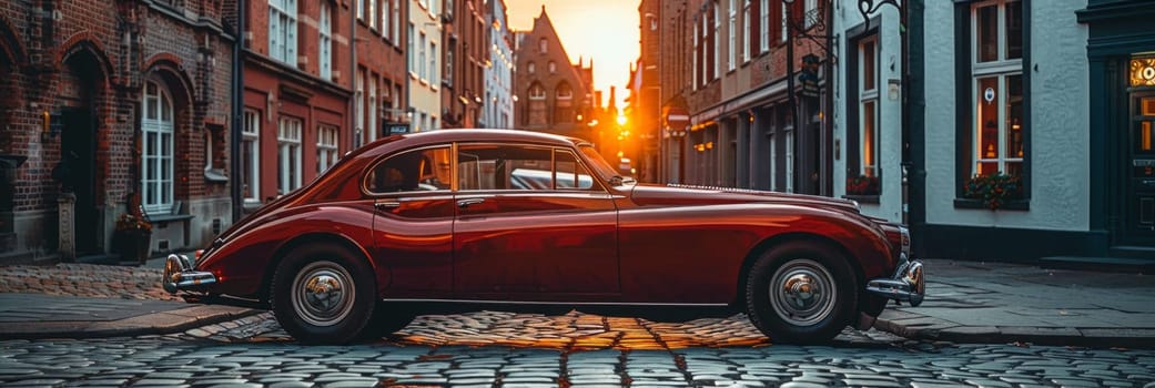 A vibrant red car is parked gracefully on a rustic cobblestone street, exuding elegance and charm under the warm sunlight.