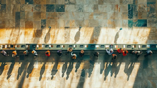 A diverse group of individuals standing next to each other at an airport terminal, waiting for their flight or greeting loved ones.