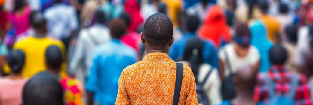 A bustling crowd of people of diverse backgrounds walking down a vibrant city street, creating a dynamic and energetic scene.