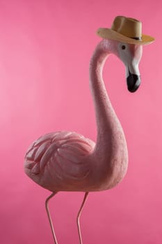 Decorative figure of pink flamingo in a straw hat on background
