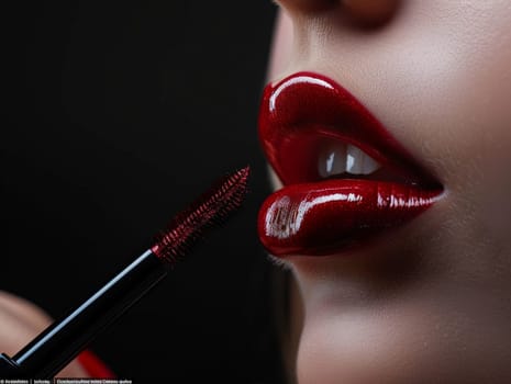 A woman is wearing red lipstick on her lips.