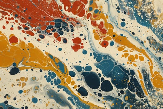 A dynamic abstract composition featuring swirling patterns of orange, blue, and yellow hues, creating a sense of movement and energy.