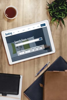 Online hotel accommodation booking website provide modish reservation system . Travel technology concept .