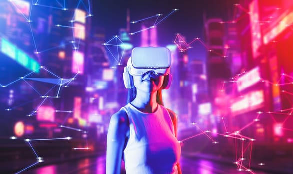 Smart female stand in cyberpunk style building in meta wear VR headset connect metaverse, future cyberspace community technology. Woman confidently look faraway to virtual construction. Hallucination.