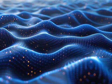 Blue abstract background with waves and dots created using computer graphics.