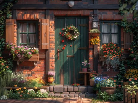 A painting featuring a vibrant green door framed by a colorful array of flowers in bloom.