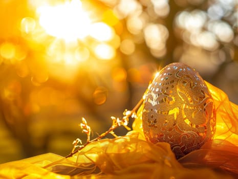 A beautifully decorated Easter egg in vibrant colors sits elegantly on a luxurious yellow cloth.