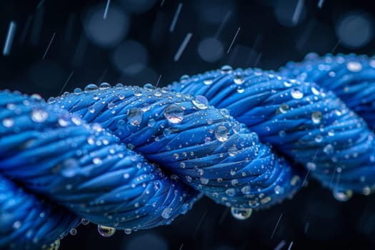 A blue rope adorned with shimmering water droplets, catching the light in a mesmerizing display.