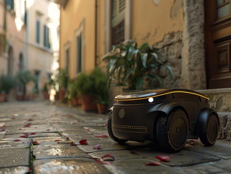 A miniature car is parked gracefully on a charming cobblestone street, under the watchful gaze of old-fashioned lanterns.