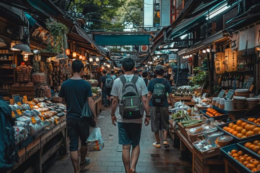 A diverse group of individuals walk through a lively market, browsing various stalls and interacting with vendors.