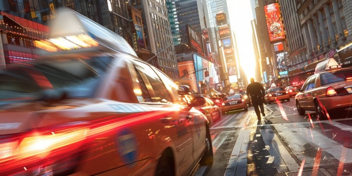 In the heart of the bustling city, countless vehicles weave through lanes, honking horns, pedestrians dart across, while police officers maintain order amidst the organized chaos.