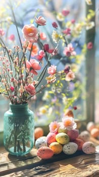 A colorful vase overflows with vibrant flowers and beautifully decorated Easter eggs, all arranged neatly on a rustic table.